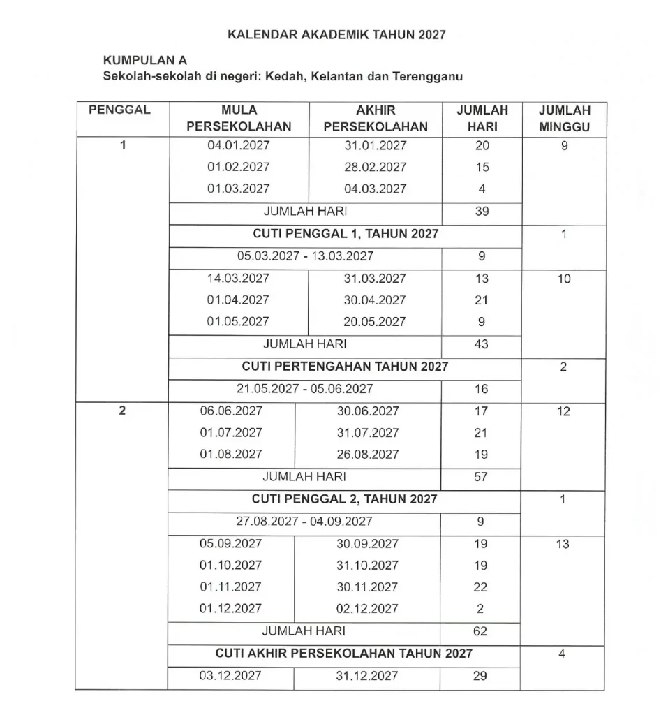 kalendar akademik 2027 kumpulan A